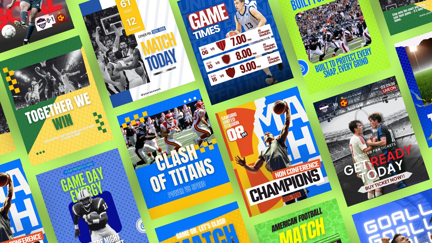 Professional Canva template for matchday, lineup & full-time posts. Fully editable, mobile-friendly, instant download