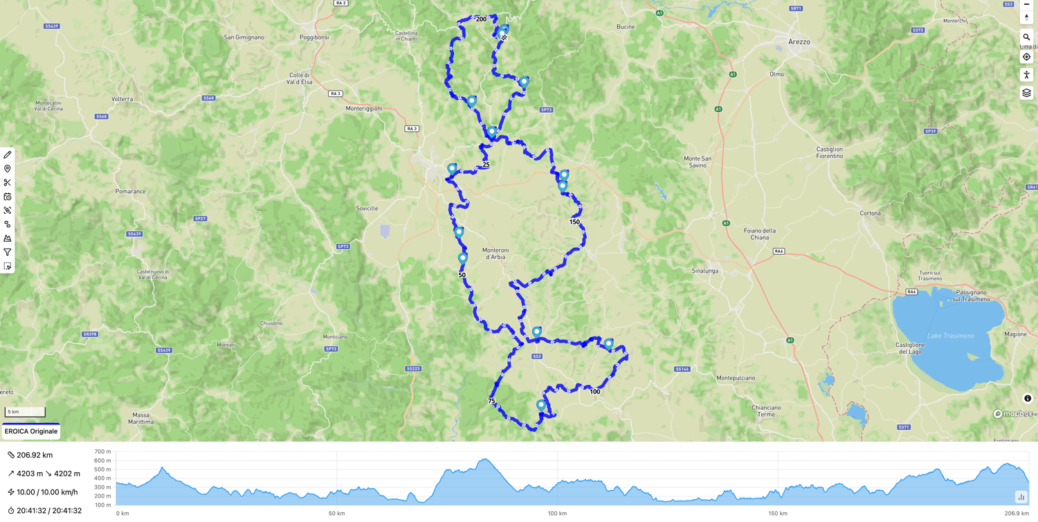 Mappa del percorso offroad moto Eroica, 82 km, 85% sterrato, 2500 metri di dislivello, dettagli tratti tecnici, salite panoramiche e punti utili per guida in fuoristrada adventure