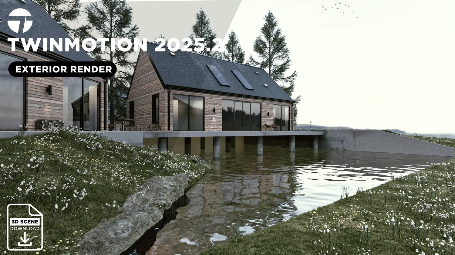 Photorealistic modern cabin exterior rendered in Twinmotion 2025.2 from Revit model workflow