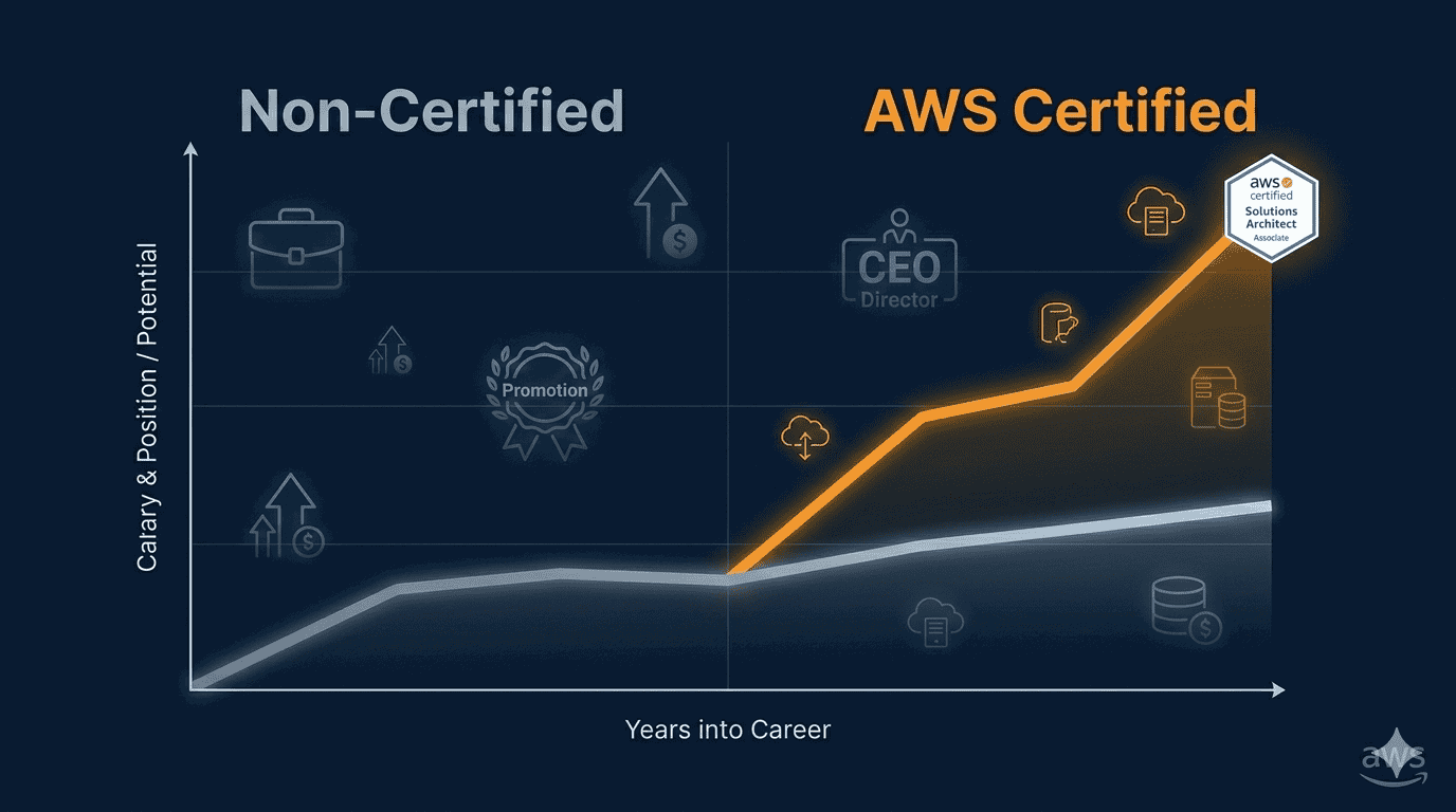 Comparison graph showing higher salary potential and faster career advancement for AWS certified professionals compared to non-certified peers.