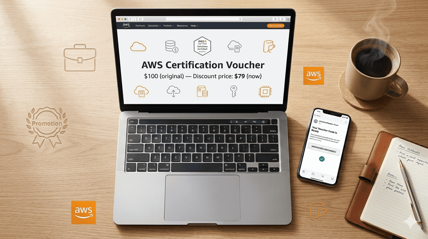 Laptop and smartphone displaying EvolveSkill AWS certification voucher delivery with discounted prices visible on screen.