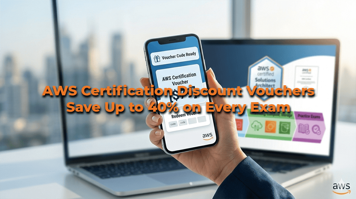 Professional hero banner showing AWS certification savings with EvolveSkill discounted vouchers from $79 for Practitioner, $119 for Associate, $249 for Professional, and $259 for Specialty exams.