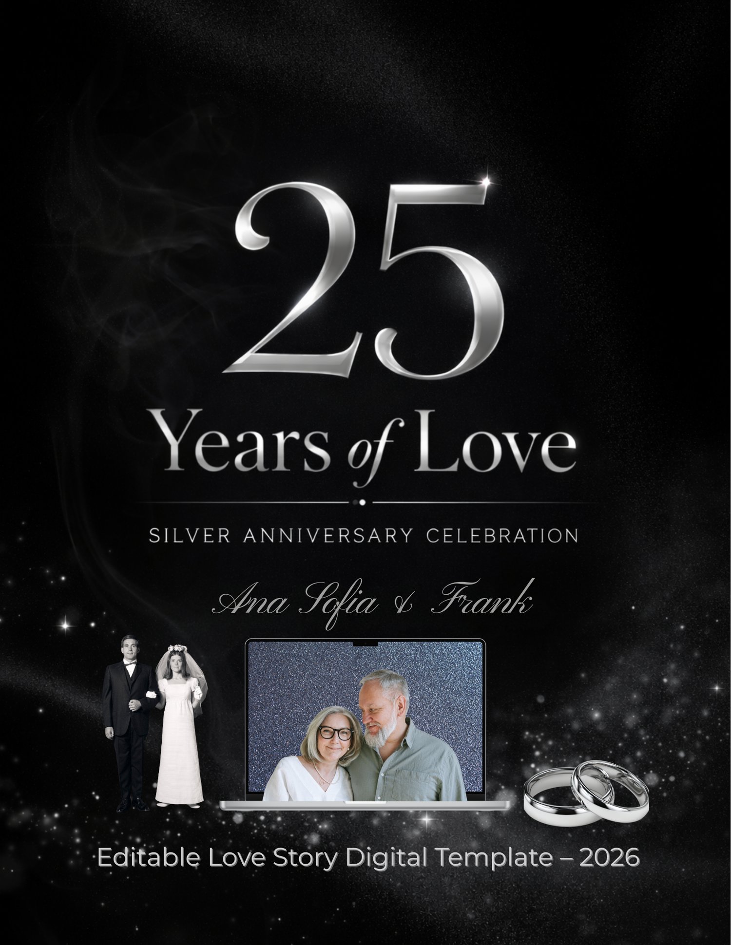 Silver wedding anniversary invitation template editable in Canva
