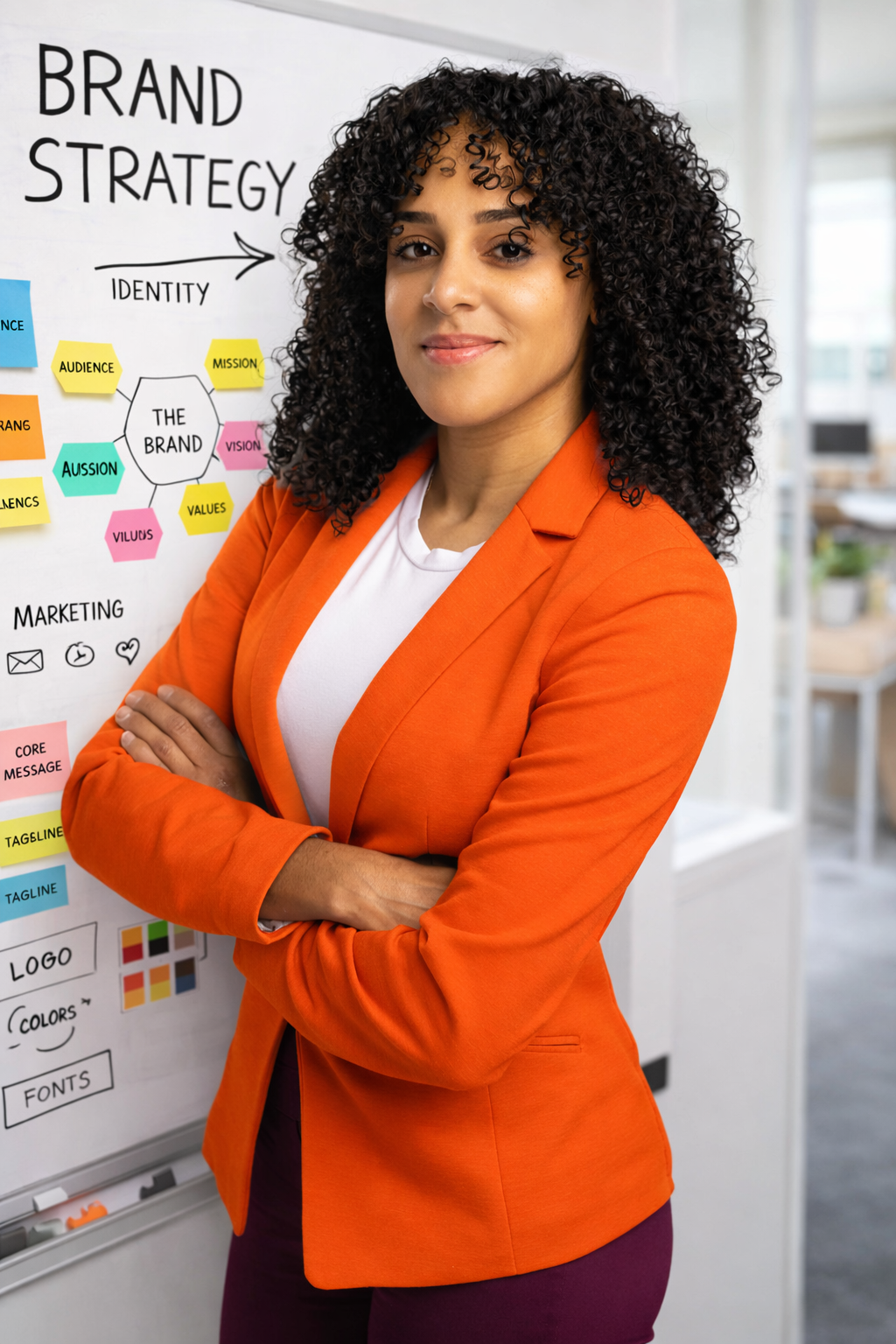 Brand strategist standing in front of white board with Brand strategy notes and writing across it