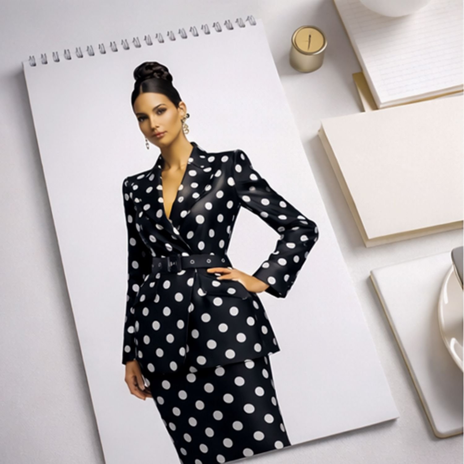 Polka Elegance captures refined femininity, power dressing, and classic black-and-white luxury styling in one cohesive editorial art collection. Featuring a tailored polka dot power suit styled with sleek patent stiletto boots, this high-fashion artwork b