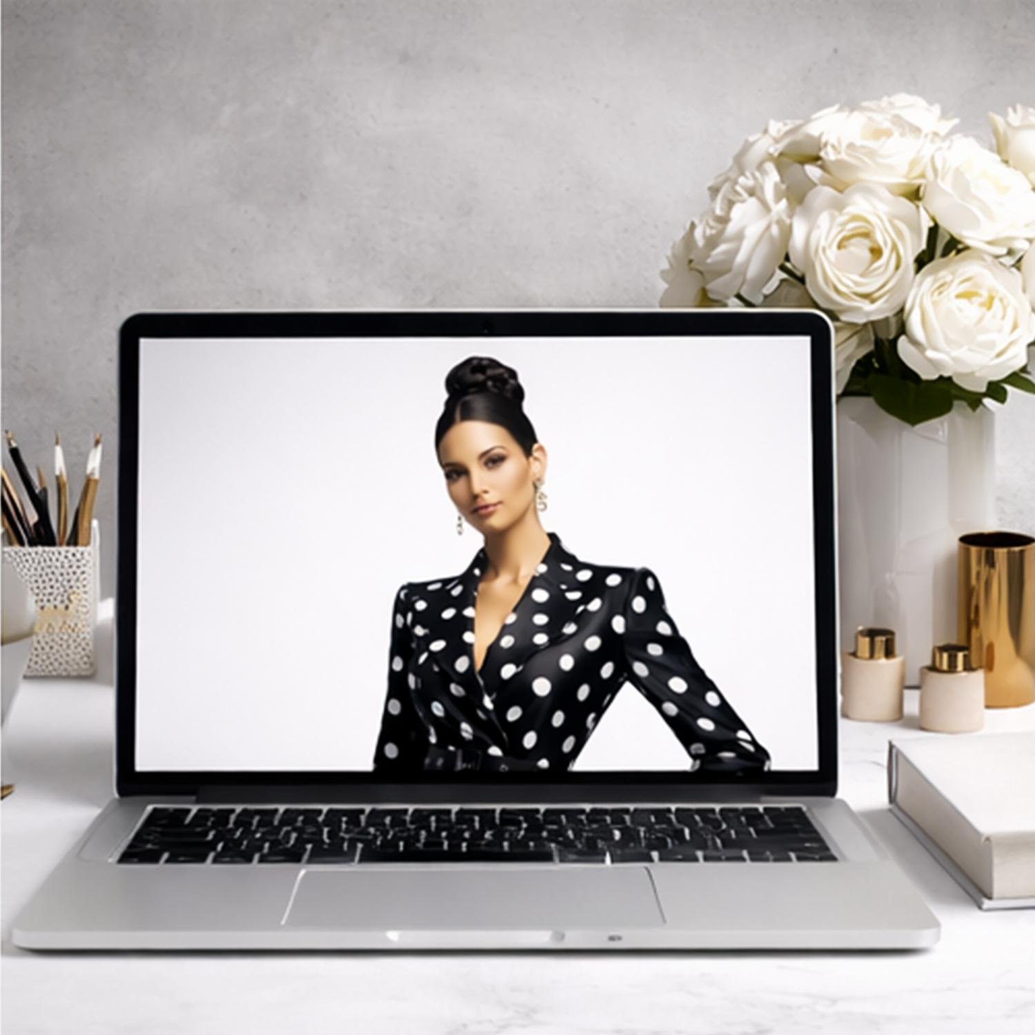 Polka Elegance captures refined femininity, power dressing, and classic black-and-white luxury styling in one cohesive editorial art collection. Featuring a tailored polka dot power suit styled with sleek patent stiletto boots, this high-fashion artwork b