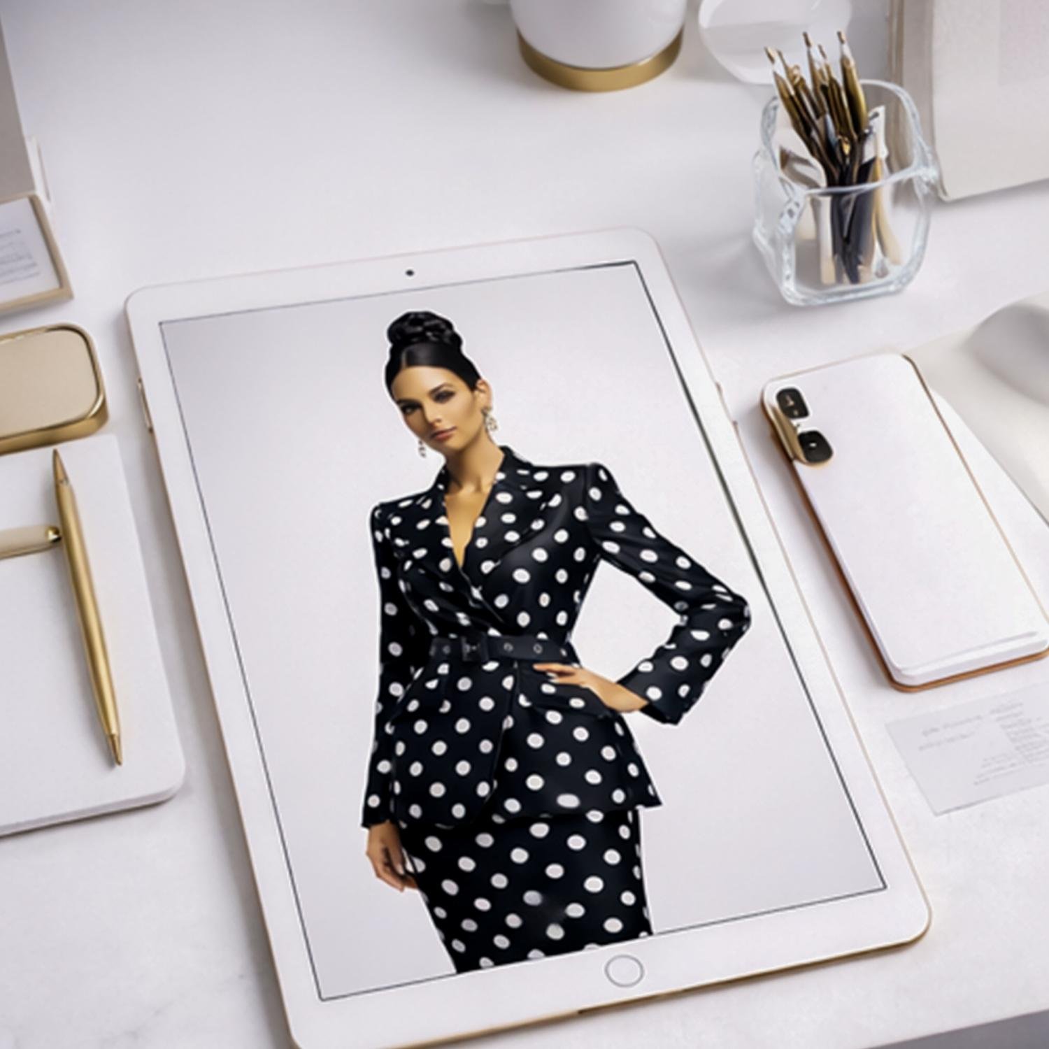 Polka Elegance captures refined femininity, power dressing, and classic black-and-white luxury styling in one cohesive editorial art collection. Featuring a tailored polka dot power suit styled with sleek patent stiletto boots, this high-fashion artwork b