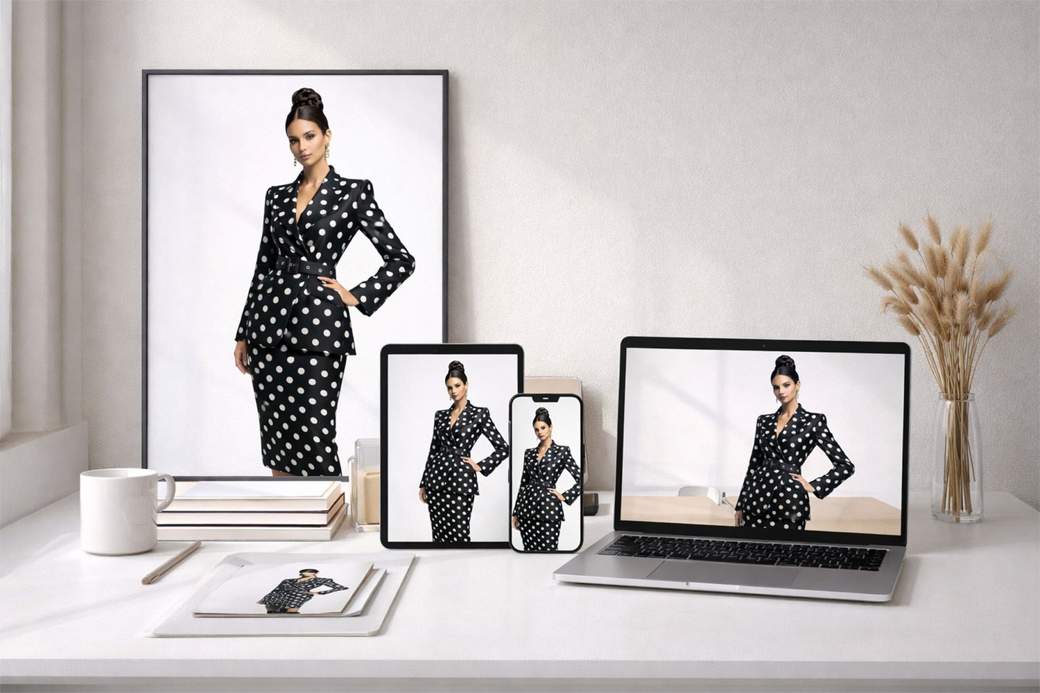 Polka Elegance captures refined femininity, power dressing, and classic black-and-white luxury styling in one cohesive editorial art collection. Featuring a tailored polka dot power suit styled with sleek patent stiletto boots, this high-fashion artwork b