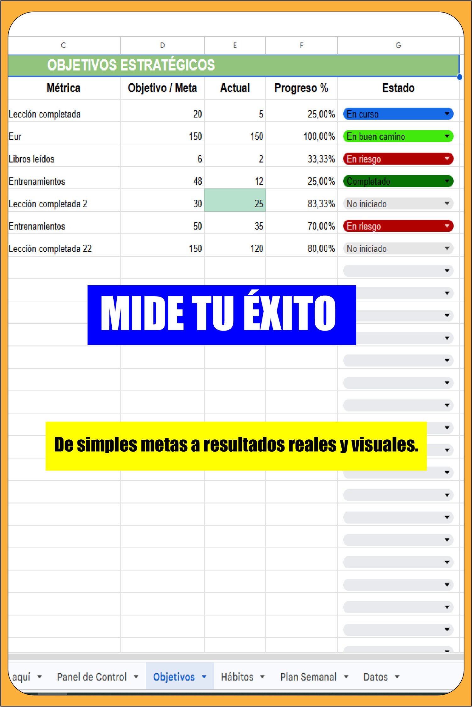 Tabla de Objetivos Estratégicos en Google Sheets con métricas, progreso porcentual y estados de colores para seguimiento de metas 2026.