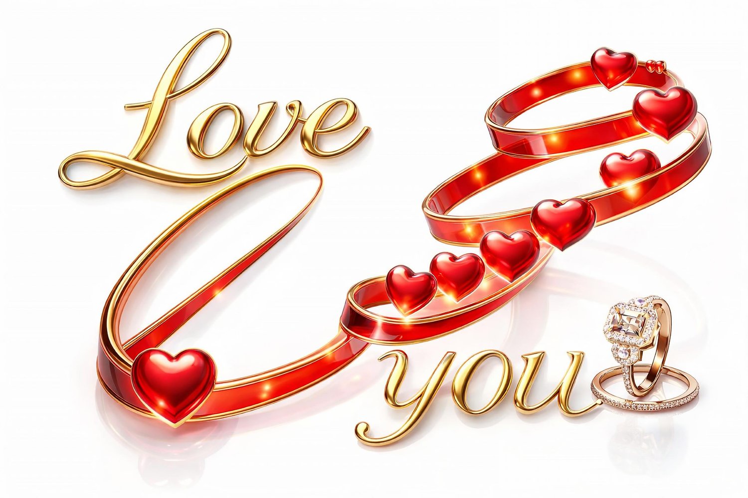 Luxury 3D gold “Love” script with red glossy spiral ribbon and glowing heart accents. High-end romantic artwork inspired by fine jewelry aesthetics. Perfect for wedding invitations, Valentine’s Day designs, anniversary prints, engagement announcements, an