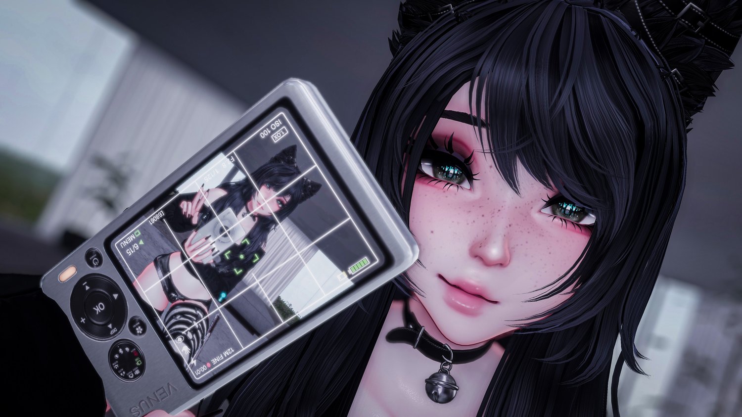 This image shows Nyxie, a downloadable VRChat catgirl avatar with customizable character features.