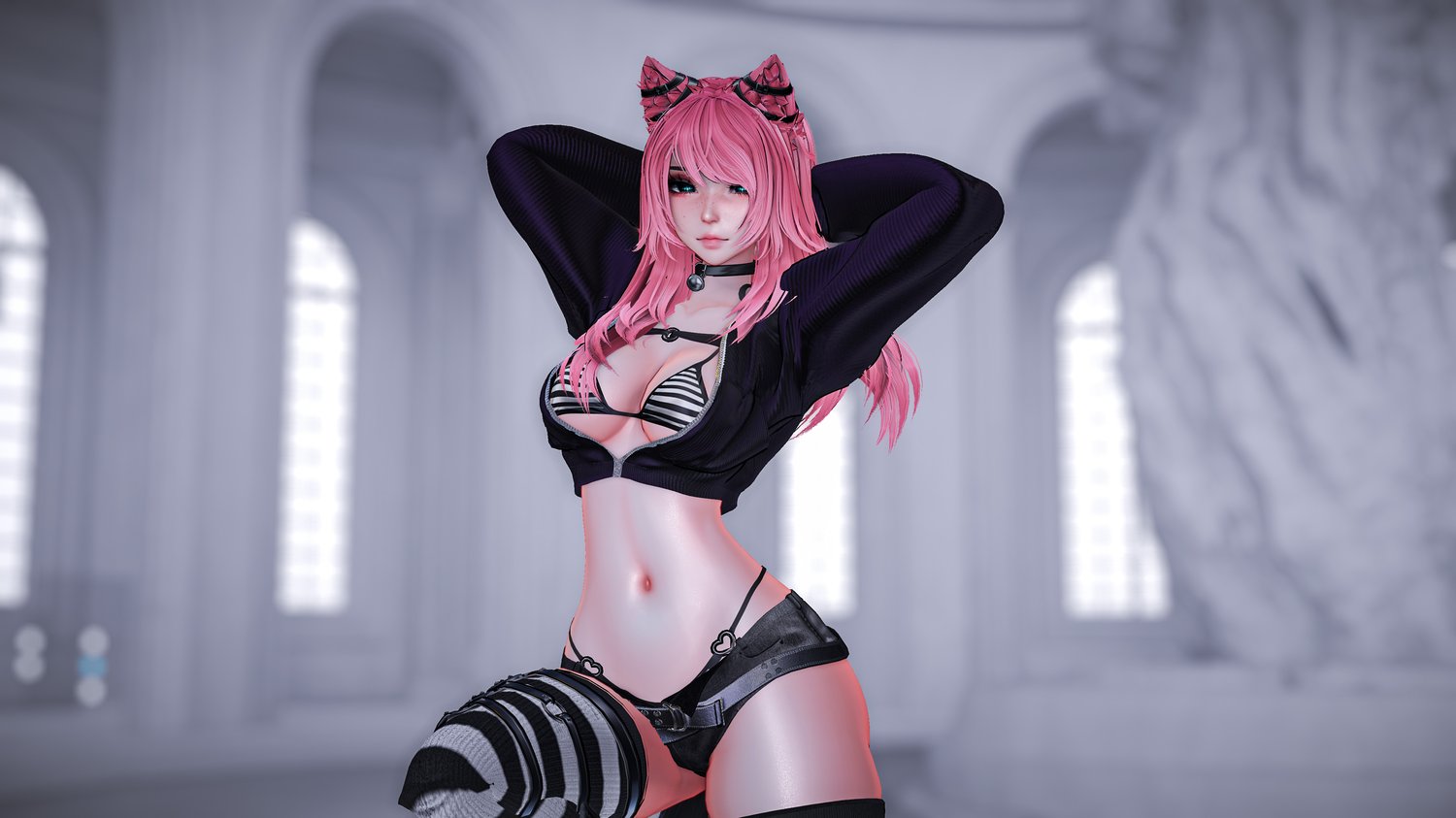 Full body preview of Nyxie, a VRChat catgirl avatar download designed for immersive gameplay.