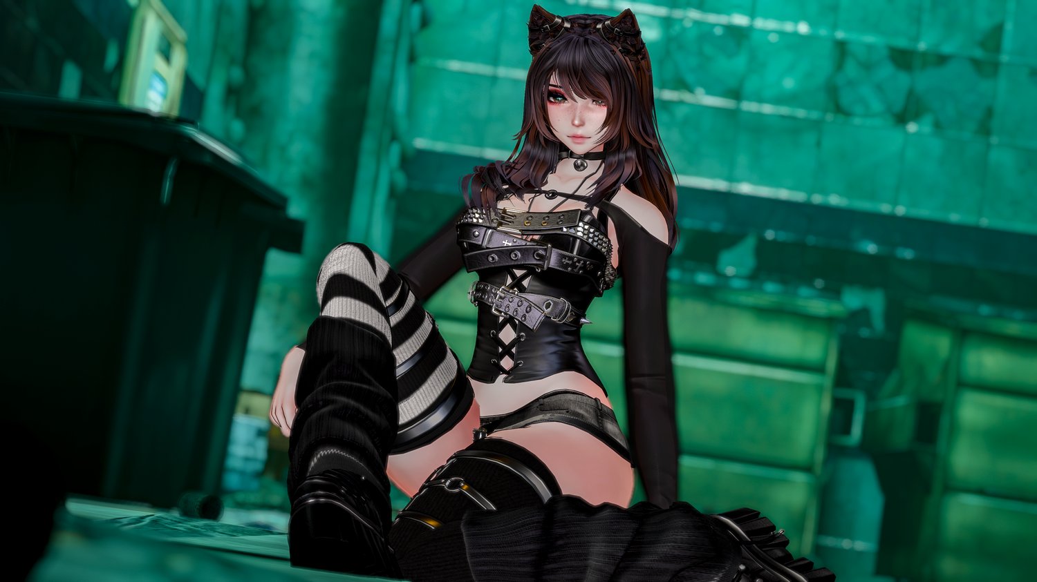 Character showcase of Nyxie, a VRChat avatar download with a cute anime neko aesthetic.