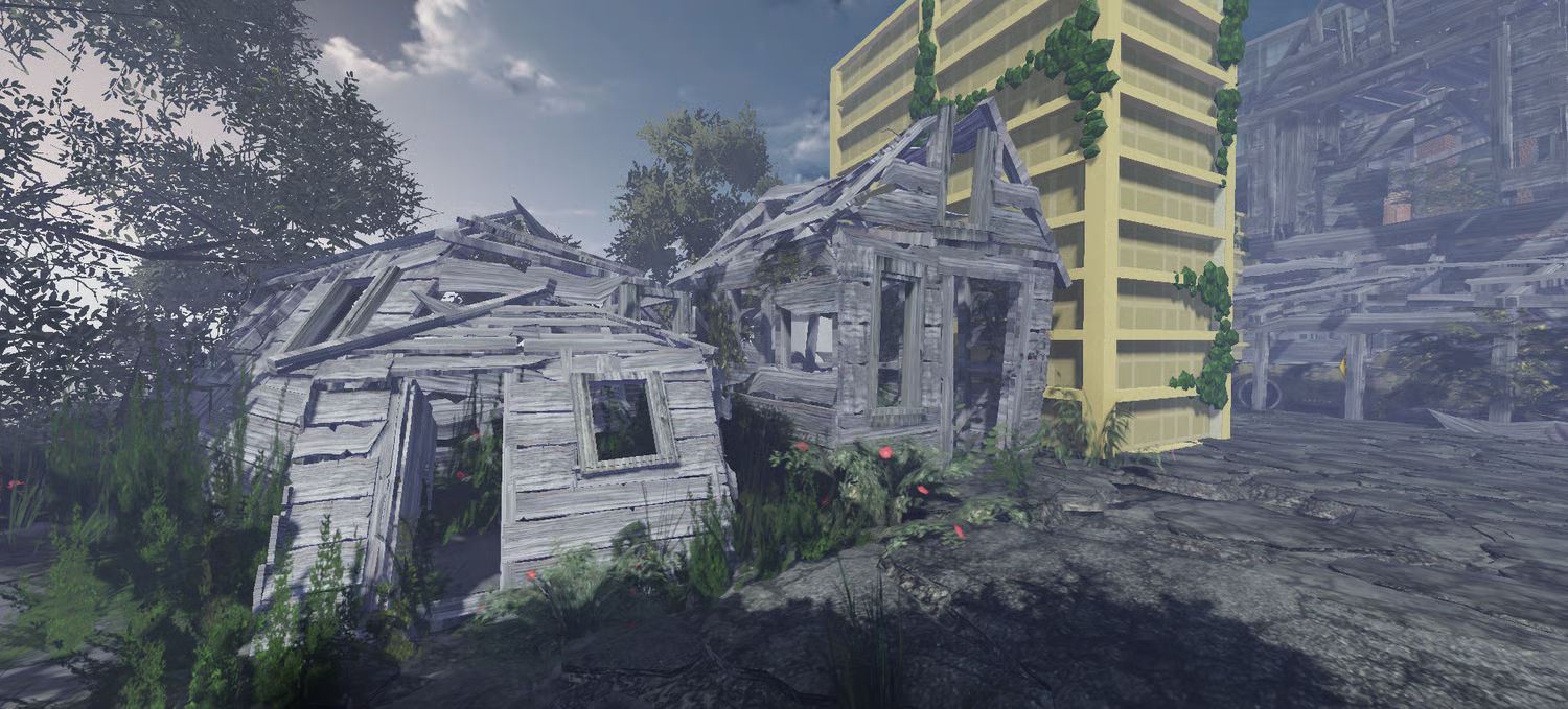 Post apocalyptic Roblox city with wrecked vehicles