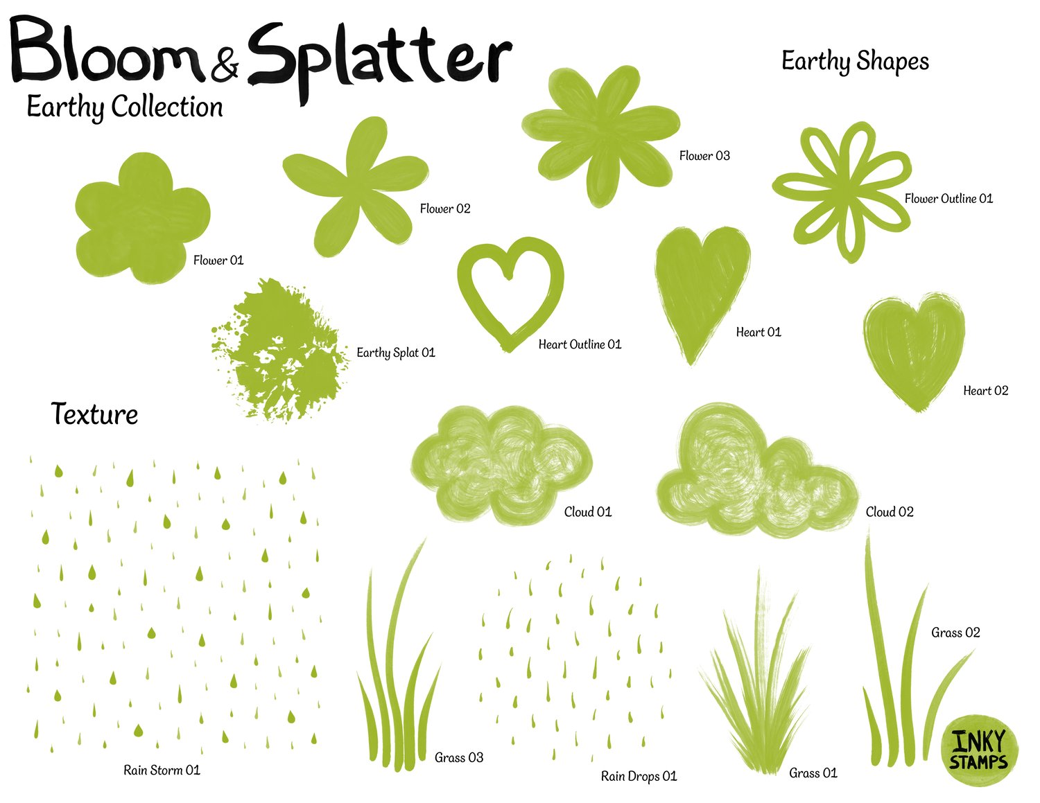 Bloom & Splatter - Earthy Collection - Earthy Shapes. Stamp Shapes - Flowers, hearts, ink splat. Texture - stamp shapes, Grass, clouds, rain drops. INKY STAMPS