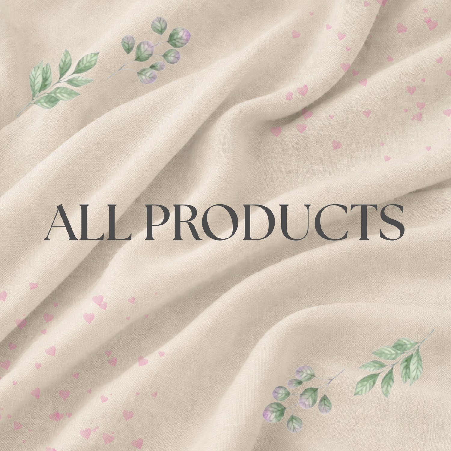 Soft beige fabric background with pink flower petals and bold black text that says