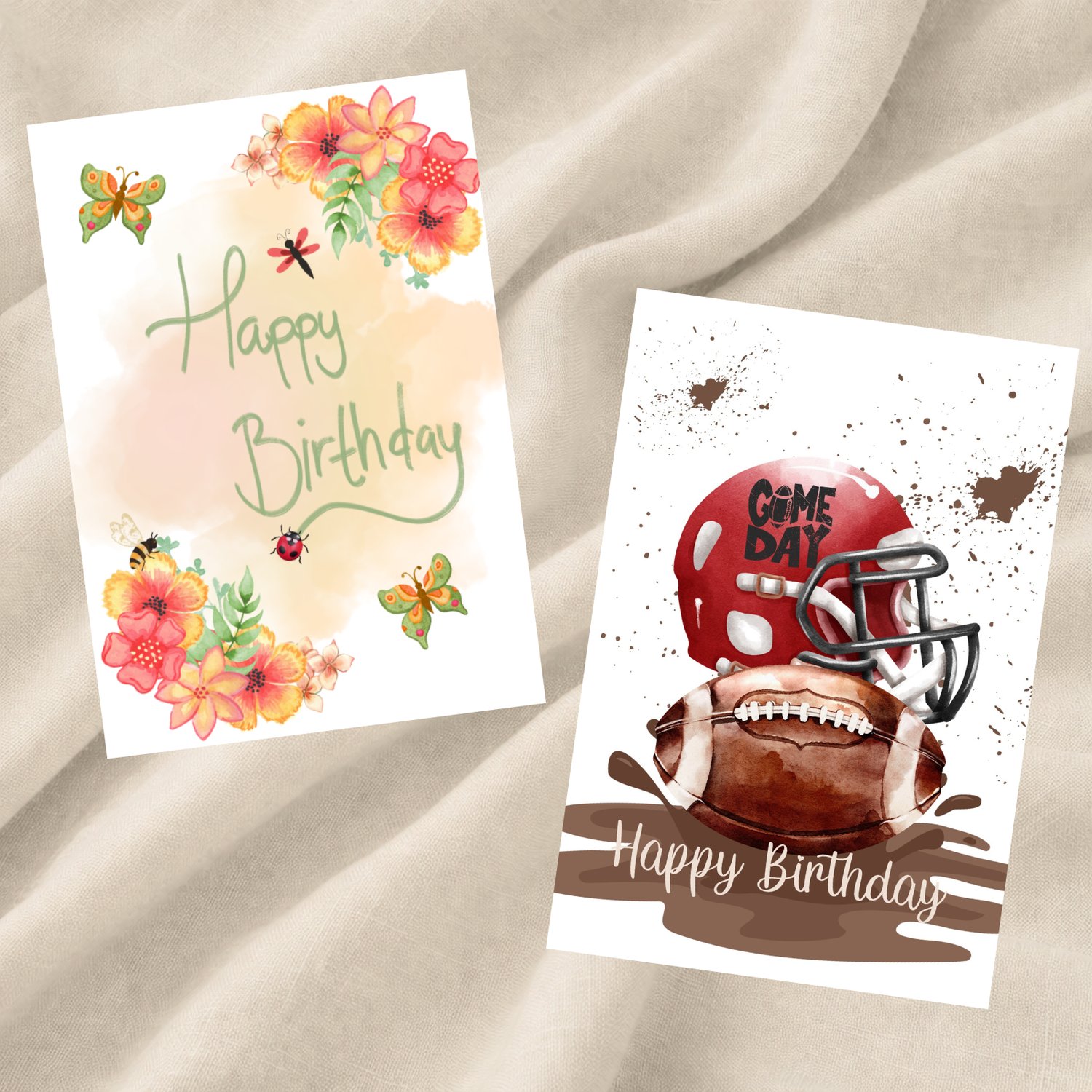 Preview image of folded printable birthday cards for girls, featuring cute and whimsical designs, blank inside for personal messages.