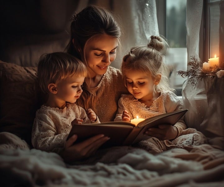 Mother comforting her children while explaining divorce at home,