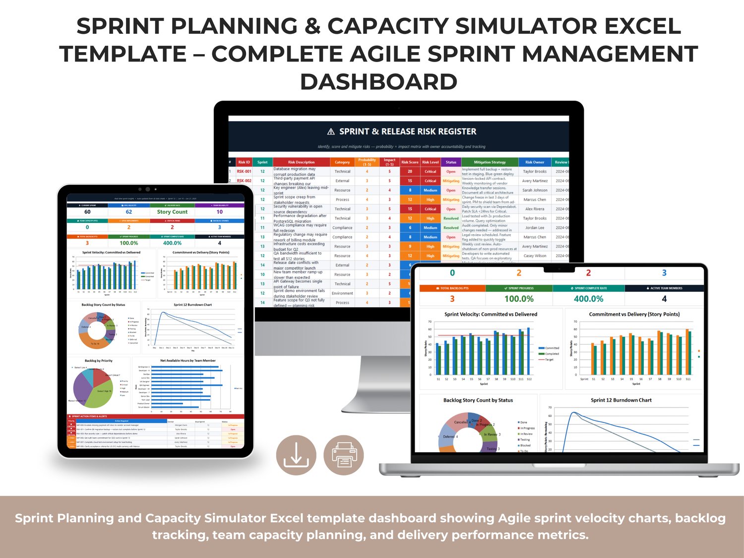 Sprint Planning and Capacity Simulator Excel template dashboard showing Agile sprint velocity charts, backlog tracking, team capacity planning, and delivery performance metrics.