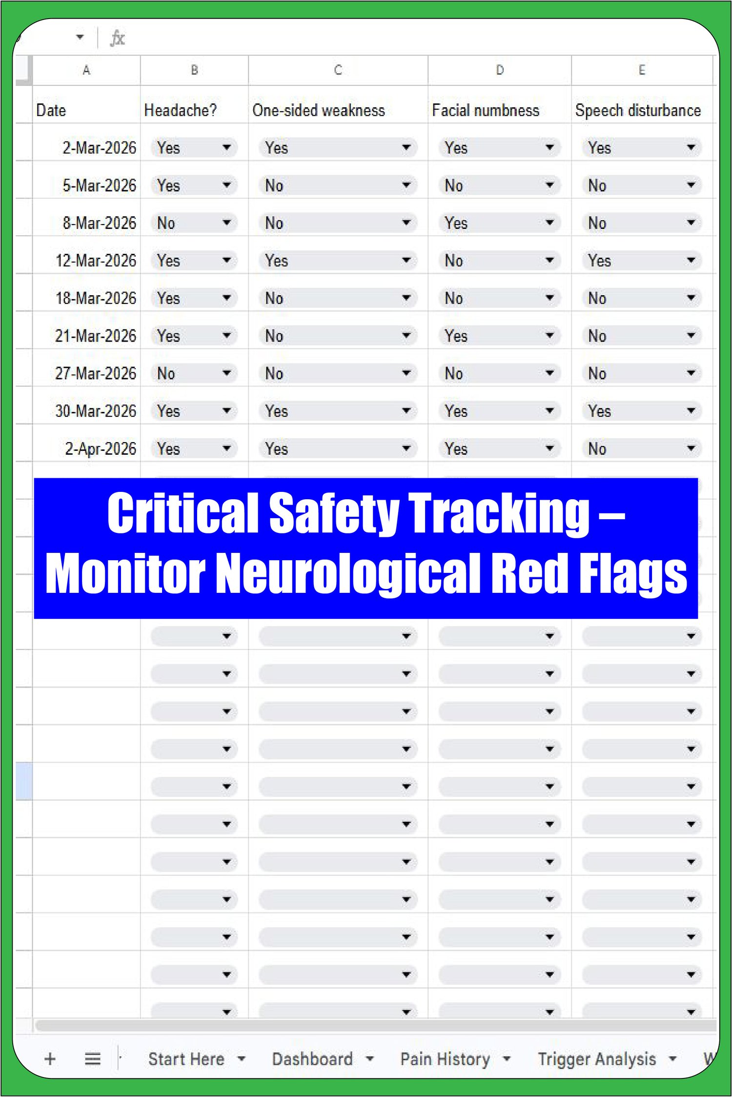 Emergency symptom tracker for migraines including facial numbness, speech disturbance, and sudden vision loss.