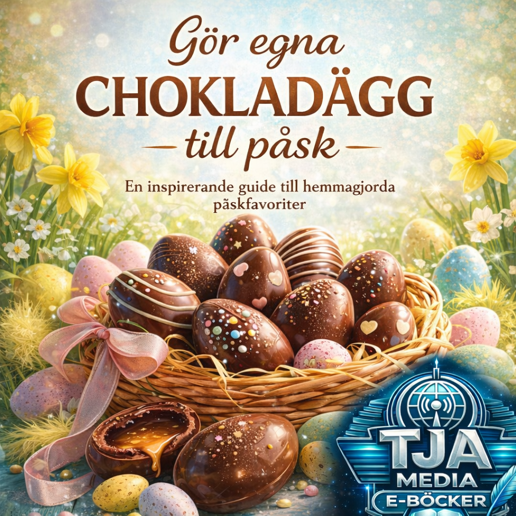 Omslagsbild till e-boken “Gör egna chokladägg till påsk – en inspirerande guide till hemmagjorda påskfavoriter”. Bilden visar en korg fylld med dekorativa chokladägg i ett vårigt påsklandskap med blommor och färgglada påskägg. I nedre hörnet syns logotype