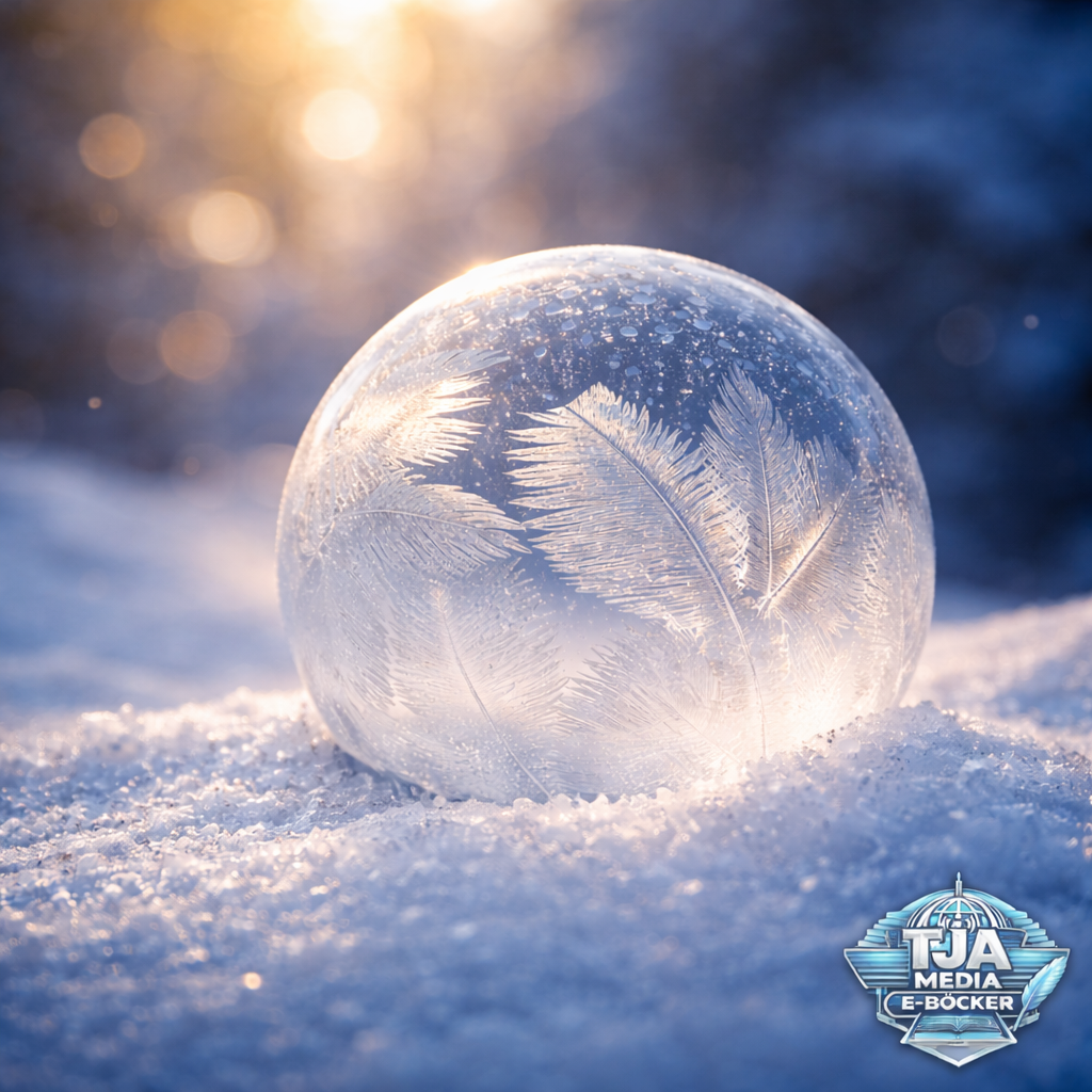 En frusen såpbubbla ligger på snö i ett vinterlandskap. Bubblan är täckt av vackra frostkristaller som bildar fjäderliknande mönster i morgonljuset. I nedre hörnet syns logotypen TJA Media E-böcker.