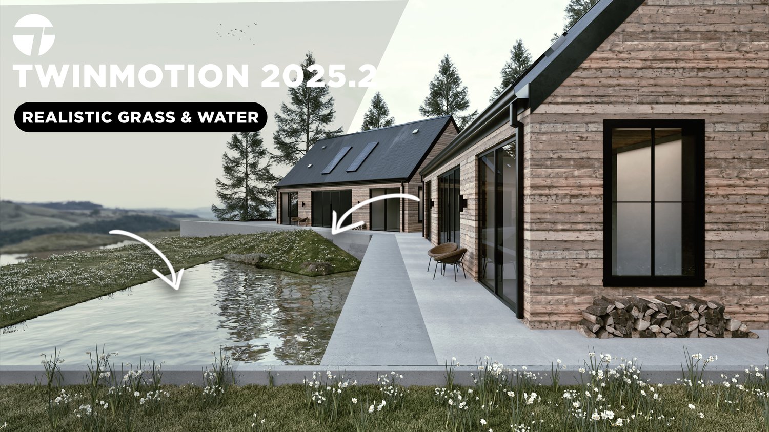 Twinmotion 2025 exterior architectural render showing realistic 3D grass and water materials used to improve photorealism in architectural visualization.