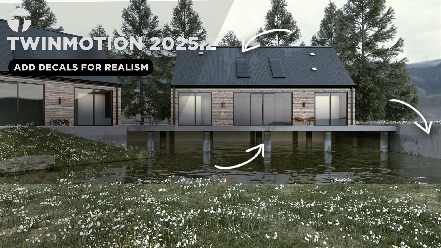 Twinmotion 2025 architectural rendering tutorial showing 3D grass, water material, and decals used to improve realism in an exterior house render.