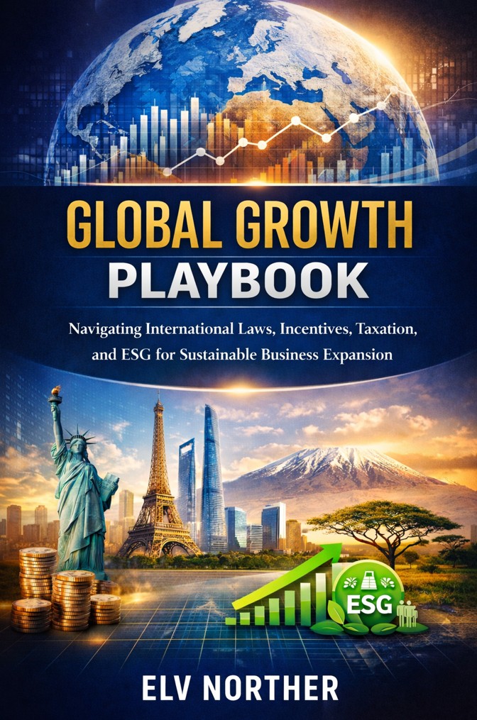 A collection of Elv Norther's business strategy products, including the AI Prompt Powerbook, Global Growth Playbook, and Asset Protection Blueprint