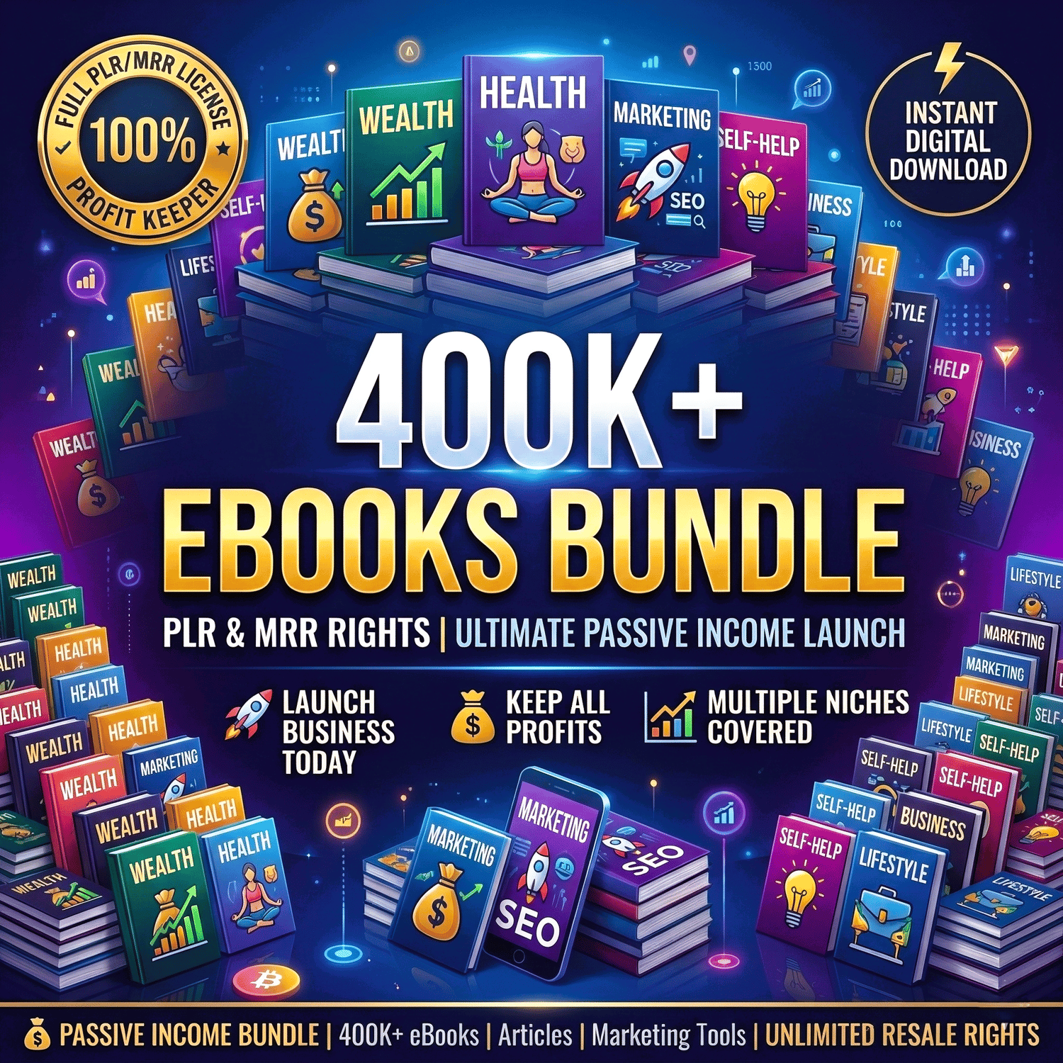 Launch Your Digital Store Today: 400K+ eBook Library with PLR/MRR (Health, Wealth, Marketing)