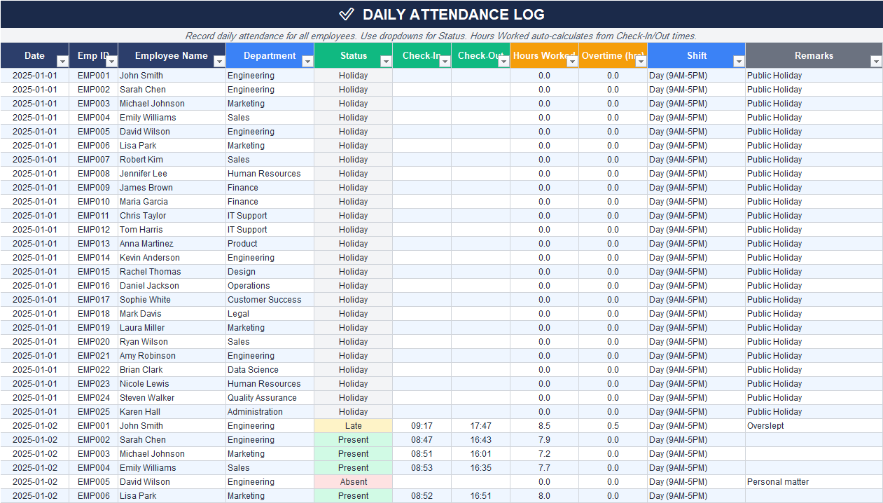 Daily Attendance Log Excel sheet tracking employee attendance status, check-in time, check-out time, hours worked, overtime, and shift schedule.