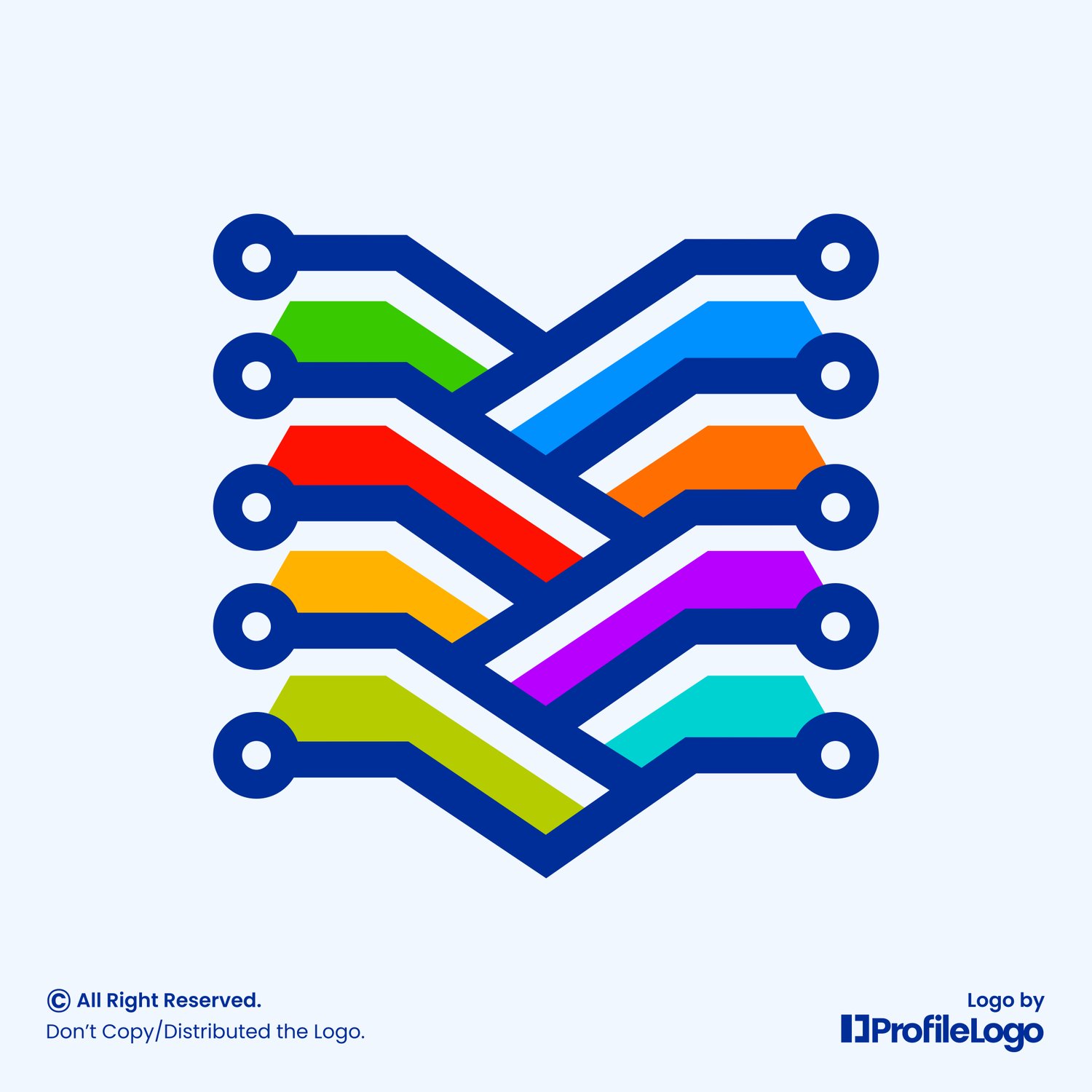 Colorful technology circuit line letter V logo by ProfileLogo with light blue background