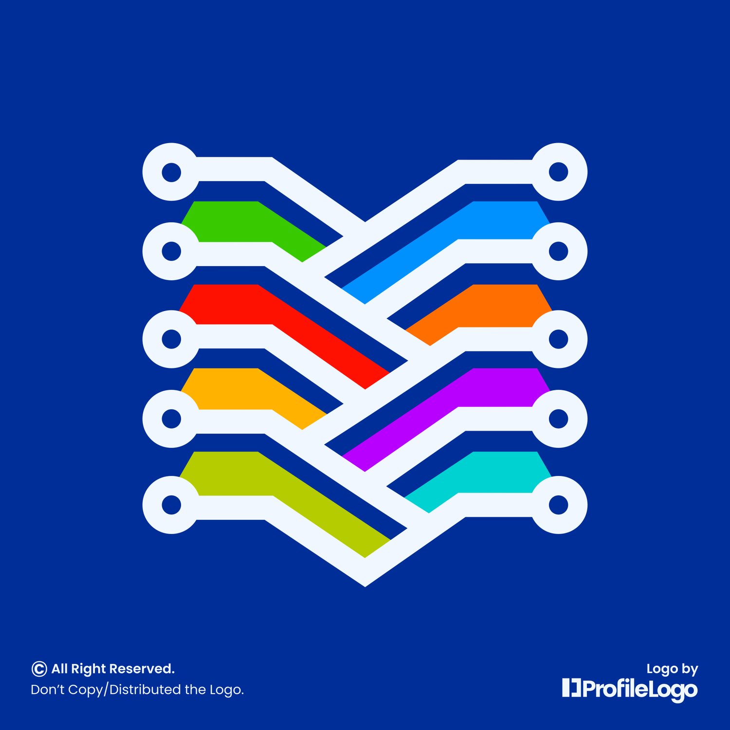 Colorful technology circuit line letter V logo by ProfileLogo with dark blue background