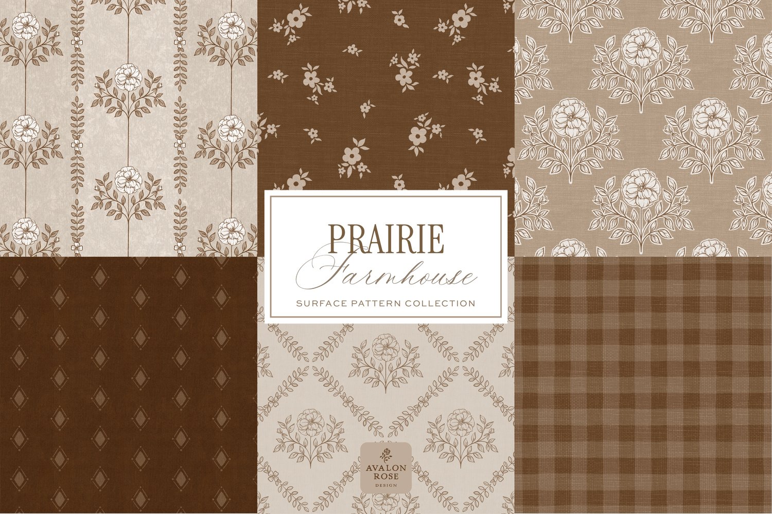 Prairie Farmhouse Surface Pattern Collection featuring brown and beige hand drawn floral designs