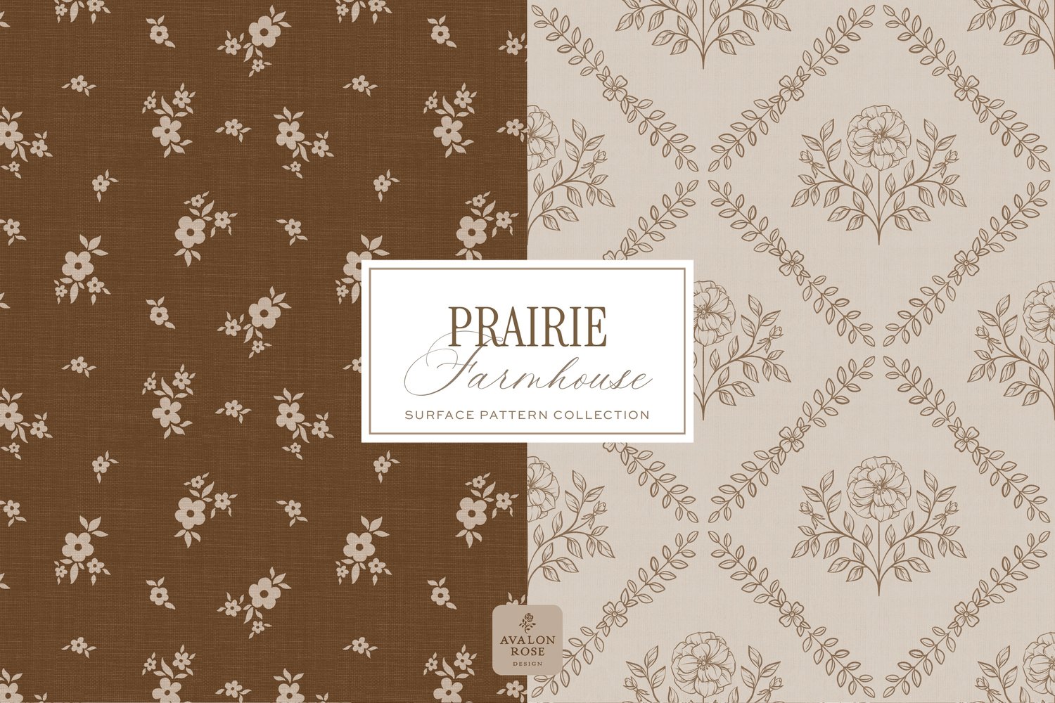 Prairie Farmhouse Surface Pattern Collection featuring brown and beige hand drawn floral designs