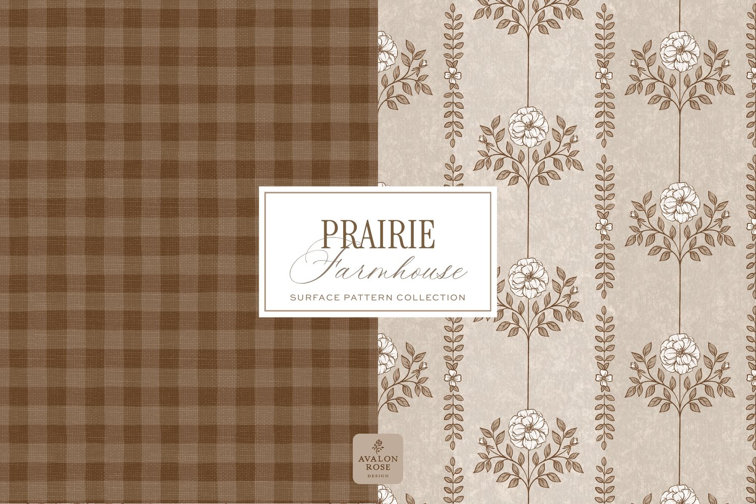 Prairie Farmhouse Surface Pattern Collection featuring brown and beige hand drawn floral designs