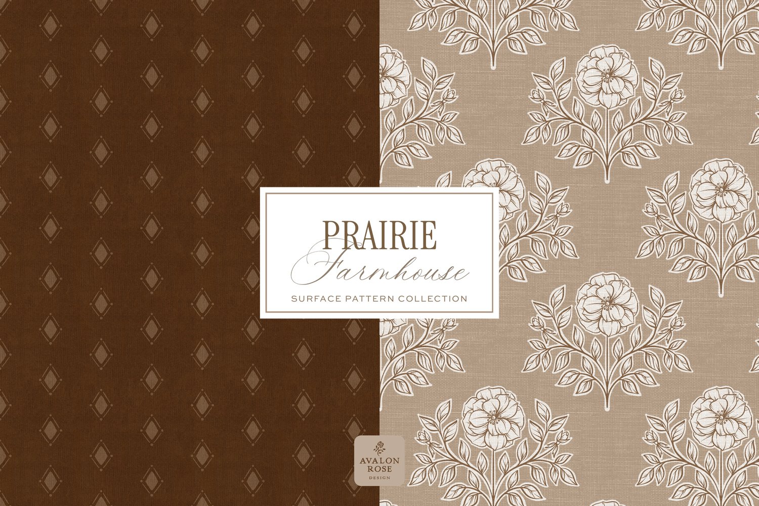 Prairie Farmhouse Surface Pattern Collection featuring brown and beige hand drawn floral designs