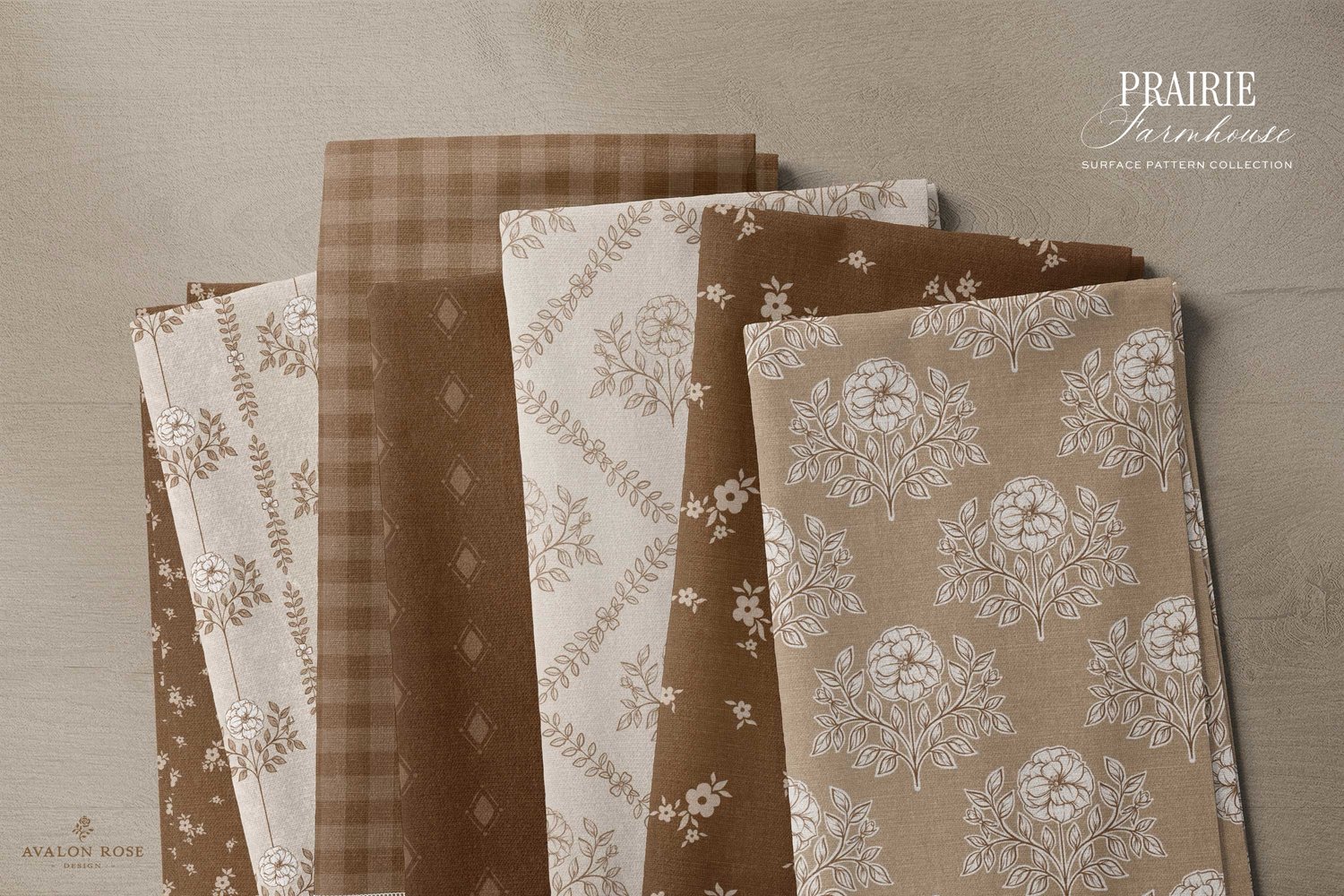 Prairie Farmhouse Surface Pattern Collection featuring brown and beige hand drawn floral designs
