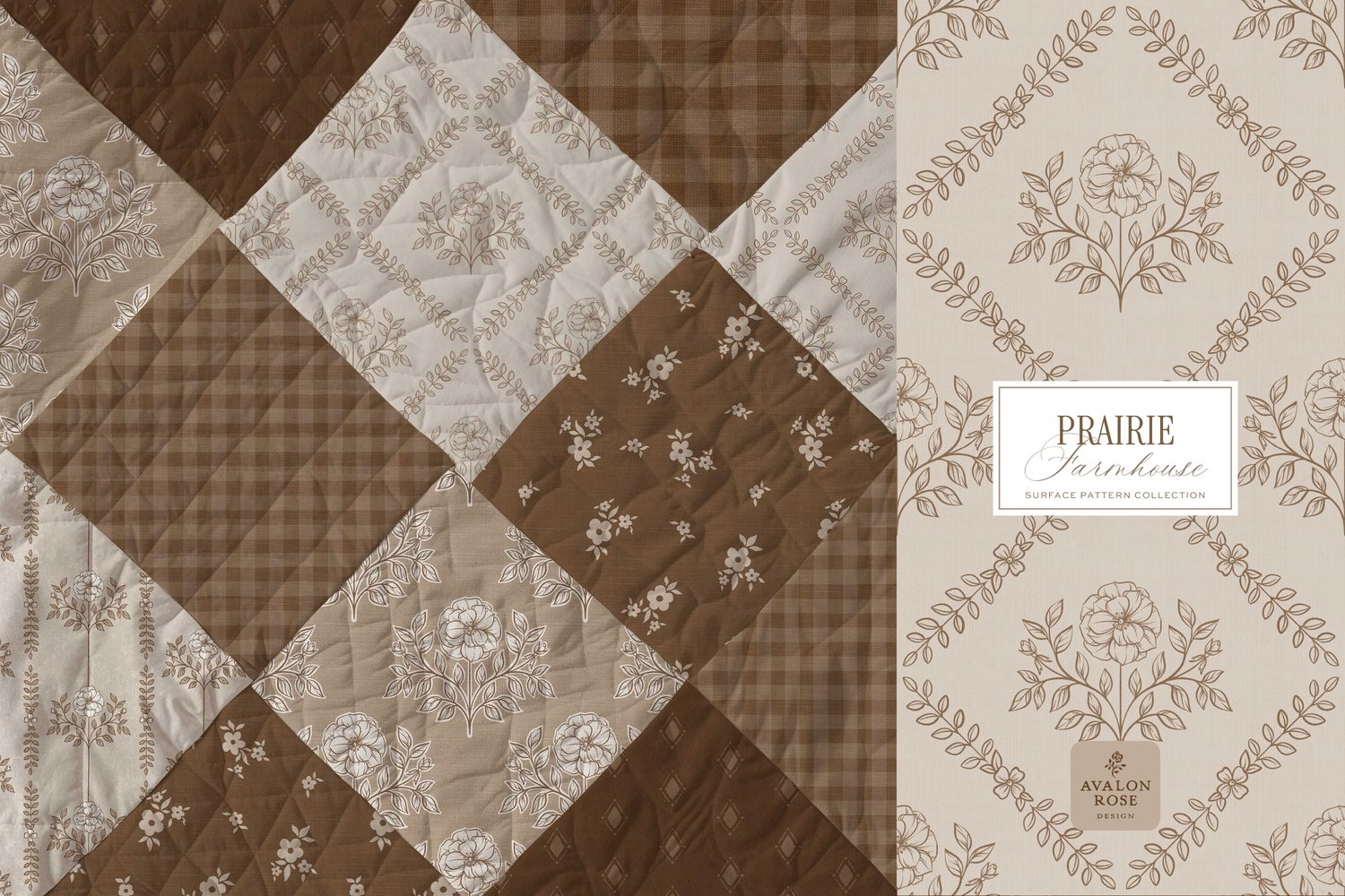 Prairie Farmhouse Surface Pattern Collection featuring brown and beige hand drawn floral designs
