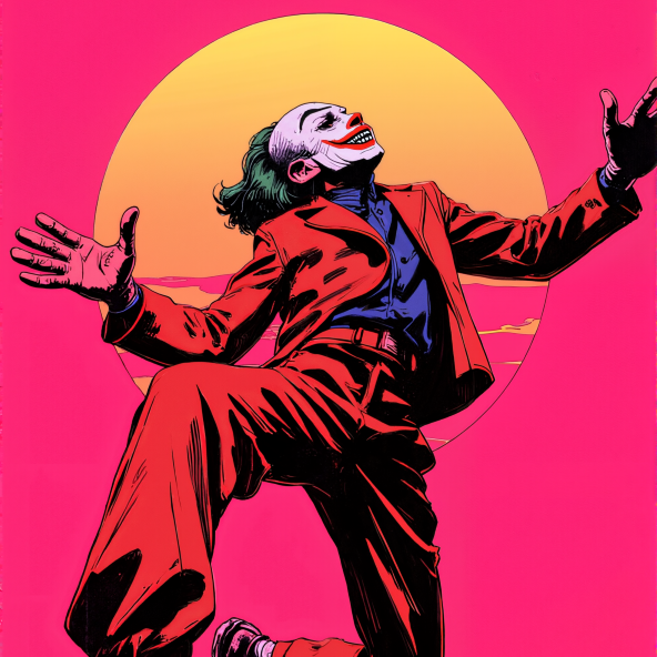 Dark and horror wallpaper collection featuring a sinister clown-inspired character in bold pink and red retro comic style.
