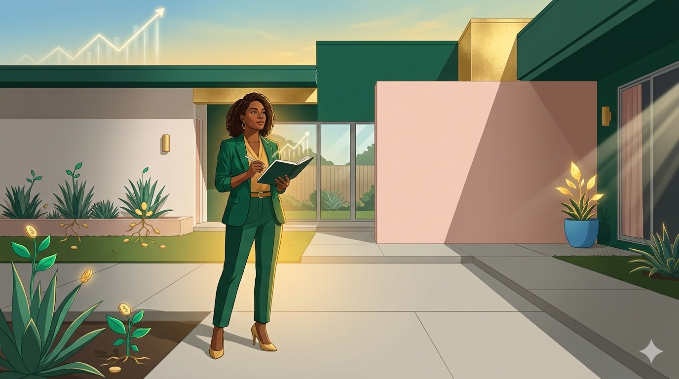 Confident woman of color reviewing finances with symbols of wealth growth and financial freedom in the background.