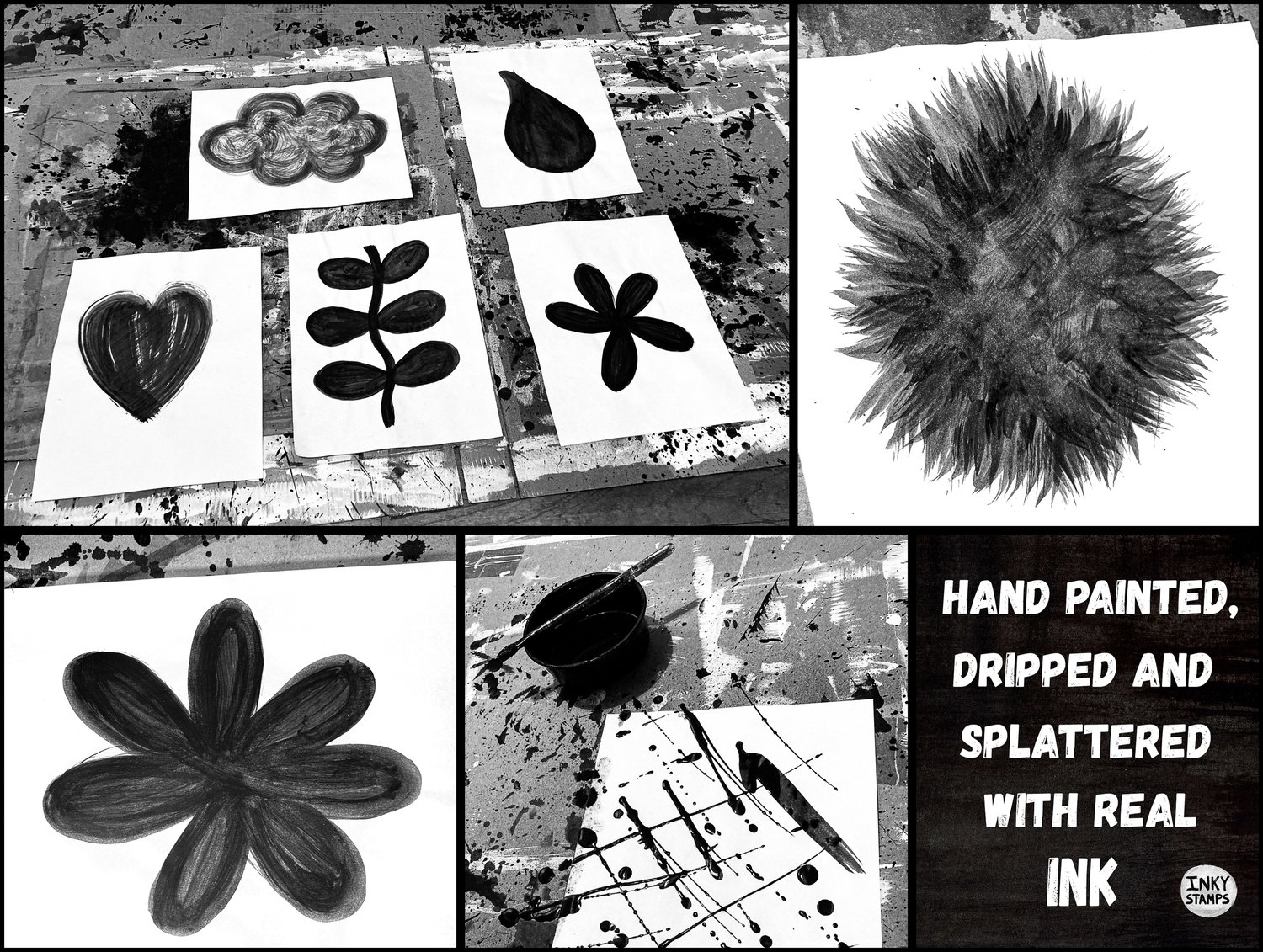 Hand Painted, Dripped and Splattered with Real INK. INKY STAMPS. Paintings of Stamps in Progress and Close up detail of INK Paintings - brush strokes and ink bubbles.