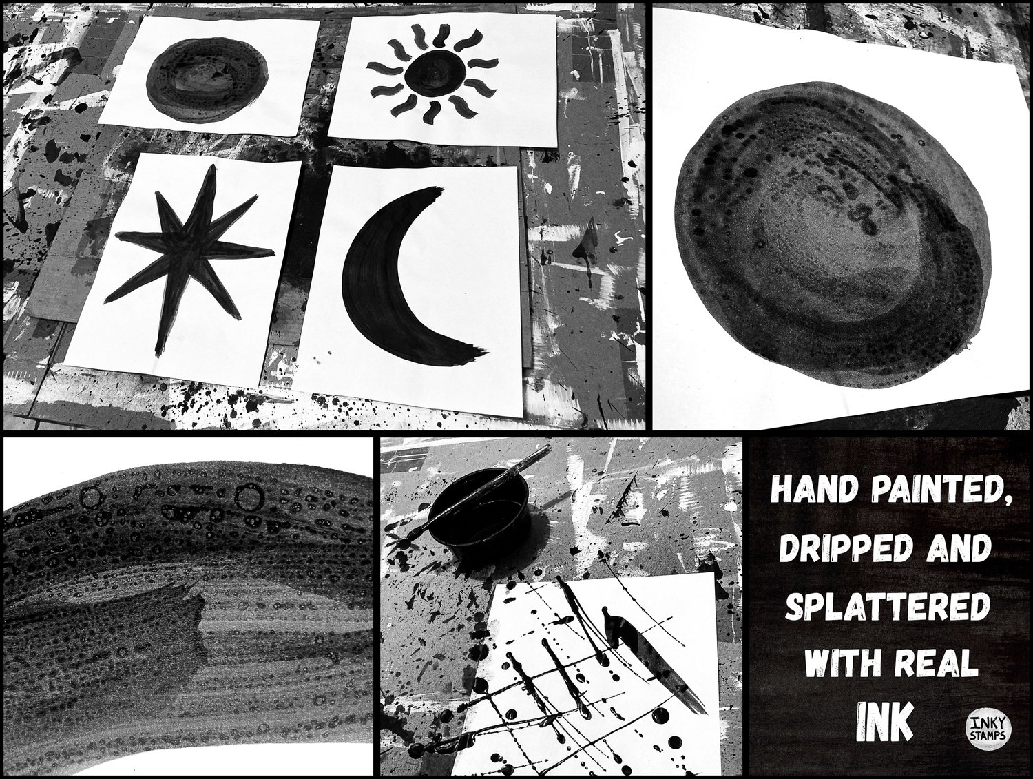 Hand Painted, Dripped and Splattered with Real INK. INKY STAMPS. Paintings of Stamps in Progress and Close up detail of INK Paintings - brush strokes and ink bubbles.