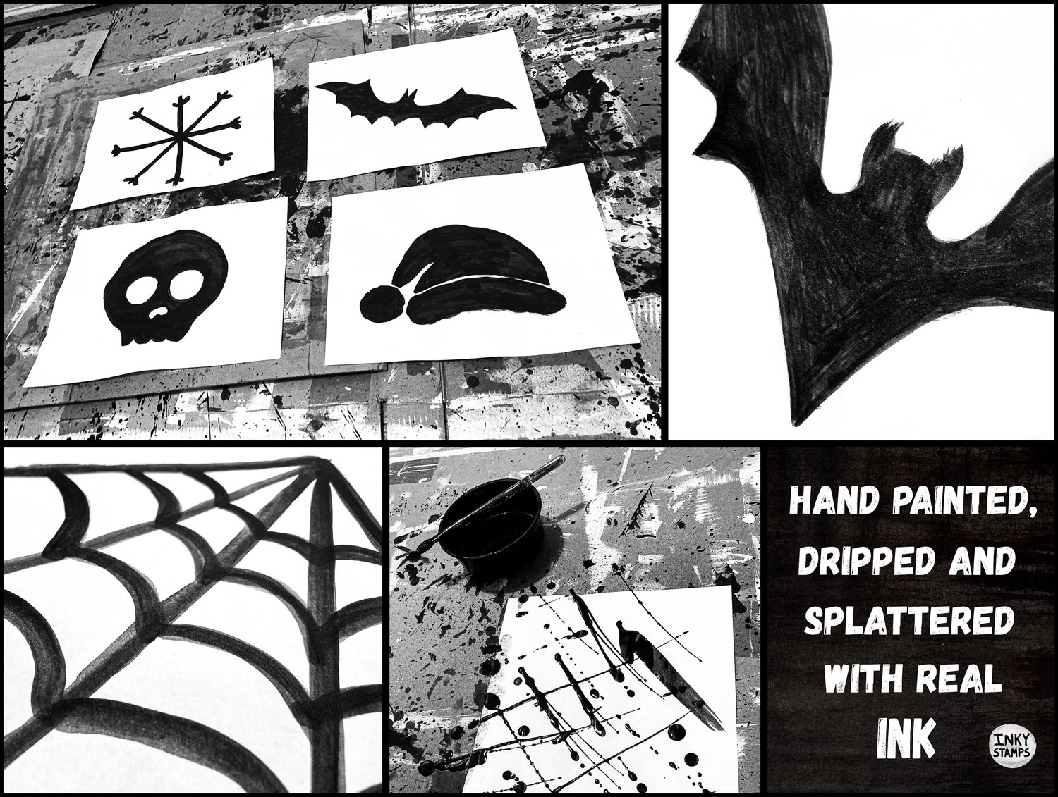 Hand Painted, Dripped and Splattered with Real INK. INKY STAMPS. Paintings of Stamps in Progress and Close up detail of INK Paintings - brush strokes and ink bubbles.