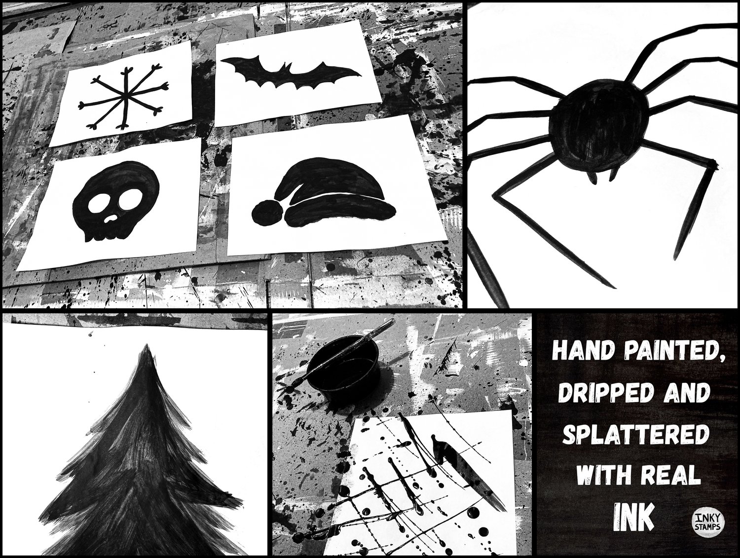 Hand Painted, Dripped and Splattered with Real INK. INKY STAMPS. Paintings of Stamps in Progress and Close up detail of INK Paintings - brush strokes and ink bubbles.