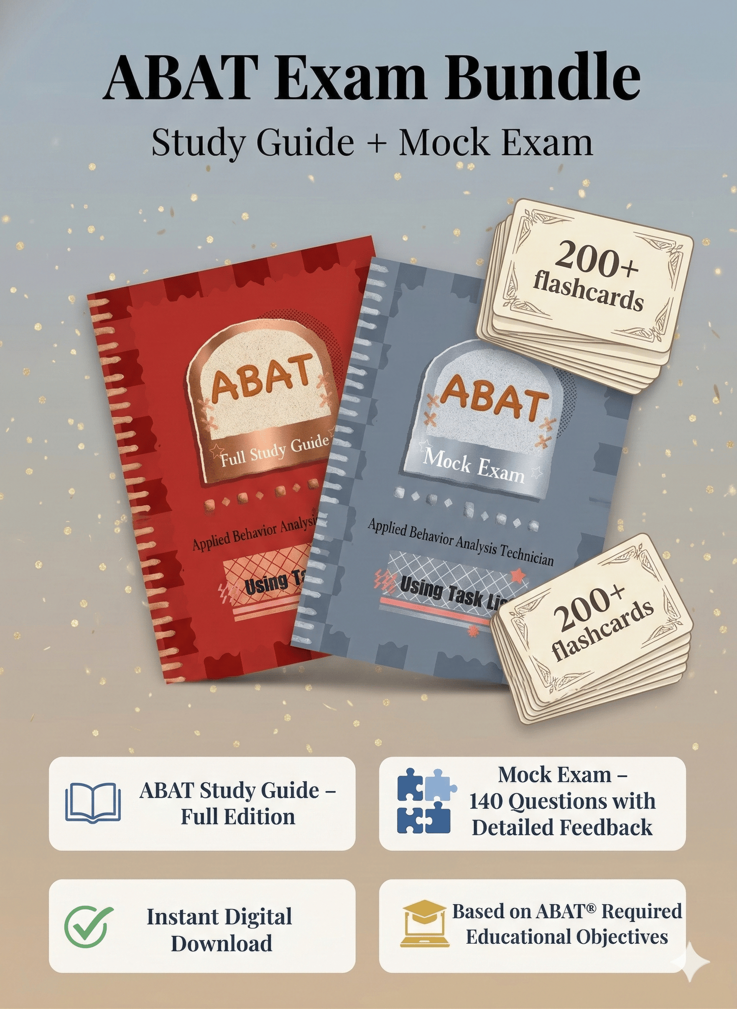 ABAT exam prep bundle showing visual study guide, 200 flashcards, and mock exam simulator for ABA technician certification