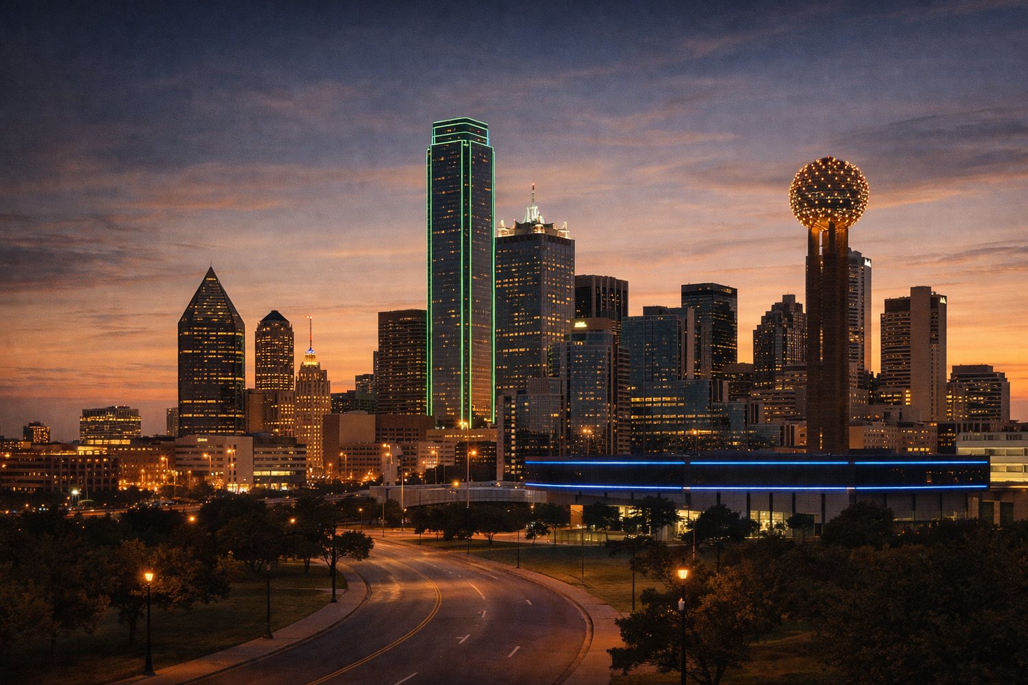 A warm dusk view of the Dallas, Texas skyline featuring Reunion Tower and the green‑lit Bank of America Plaza. A curved road and soft streetlights lead toward the city, creating a calm, atmospheric, modern scene. Perfect for author branding, creative studios, and Dallas‑based digital creators.