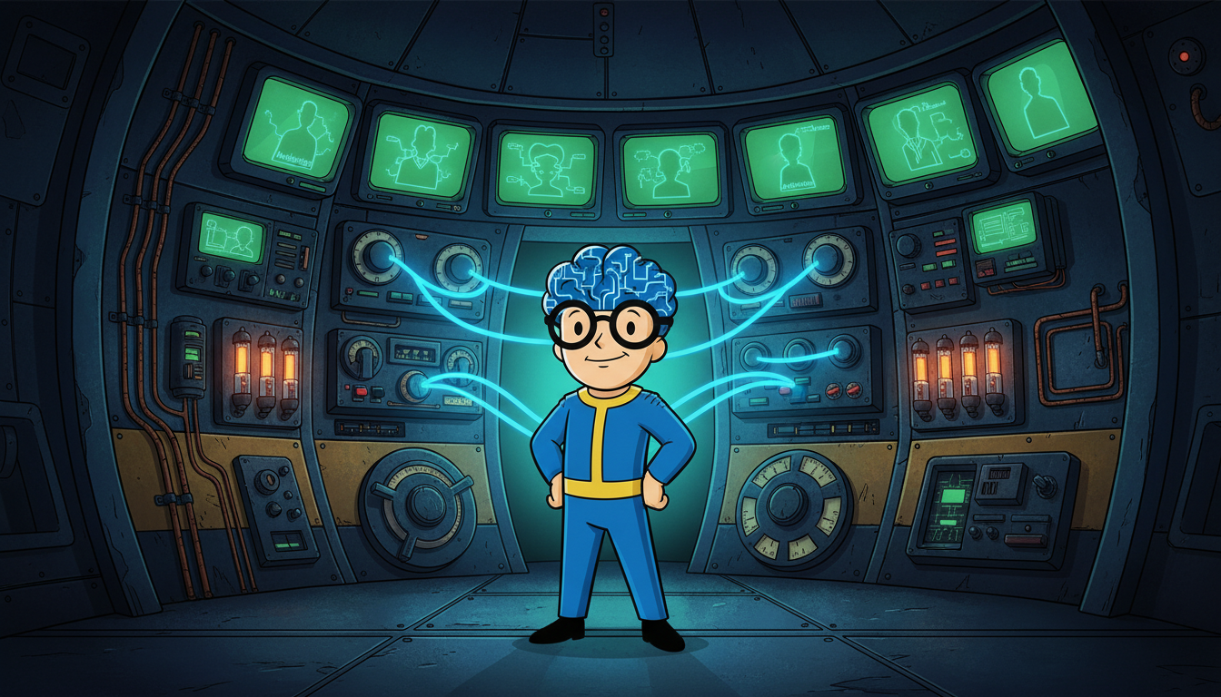 GMIND-BOY, unité de contrôle responsable de la sécurité neurochimique de l'Abri GMIND, supervisant la performance biologique dans une salle de maintenance neuronale.