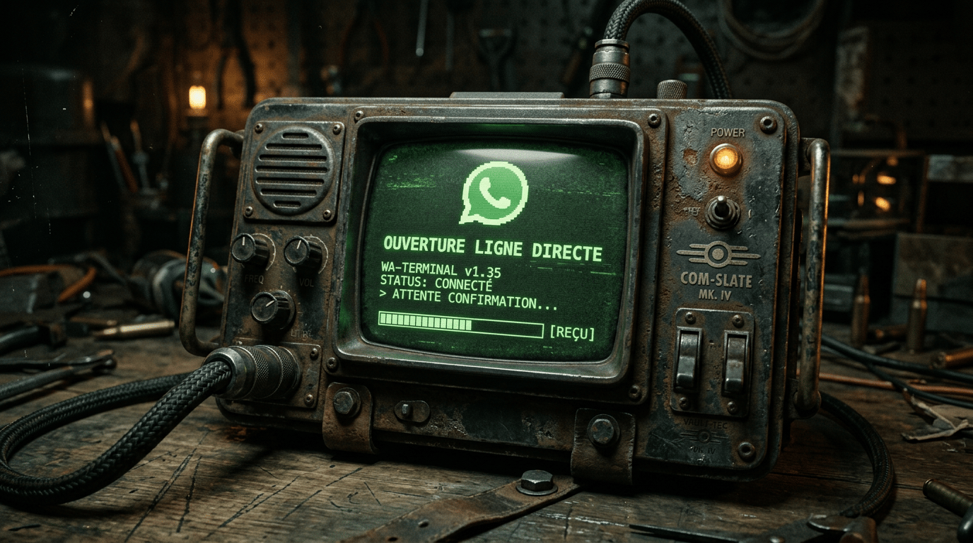 Terminal de communication rétro-futuriste COM-SLATE MK IV affichant 'OUVERTURE LIGNE DIRECTE' avec un logo WhatsApp pixelisé sur écran vert, symbolisant la ligne directe avec le Superviseur de l'Abri.
