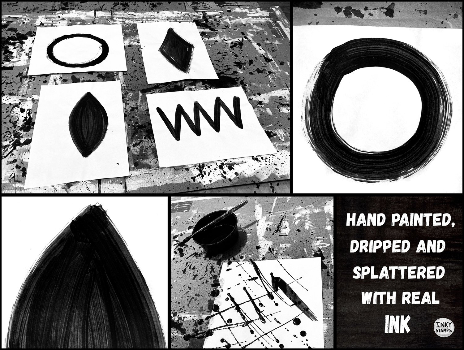 Hand Painted, Dripped and Splattered with Real INK. INKY STAMPS. Paintings of Stamps in Progress and Close up detail of INK Paintings - brush strokes and ink bubbles.